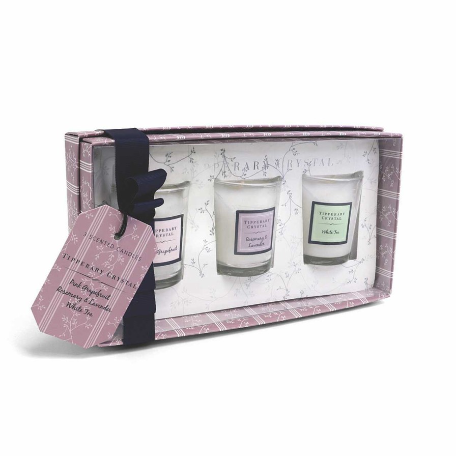 Homeware Tipperary Crystal Candles | Set Three Mini Candles (Pink Grapefruit/Rosemary/White Tea)