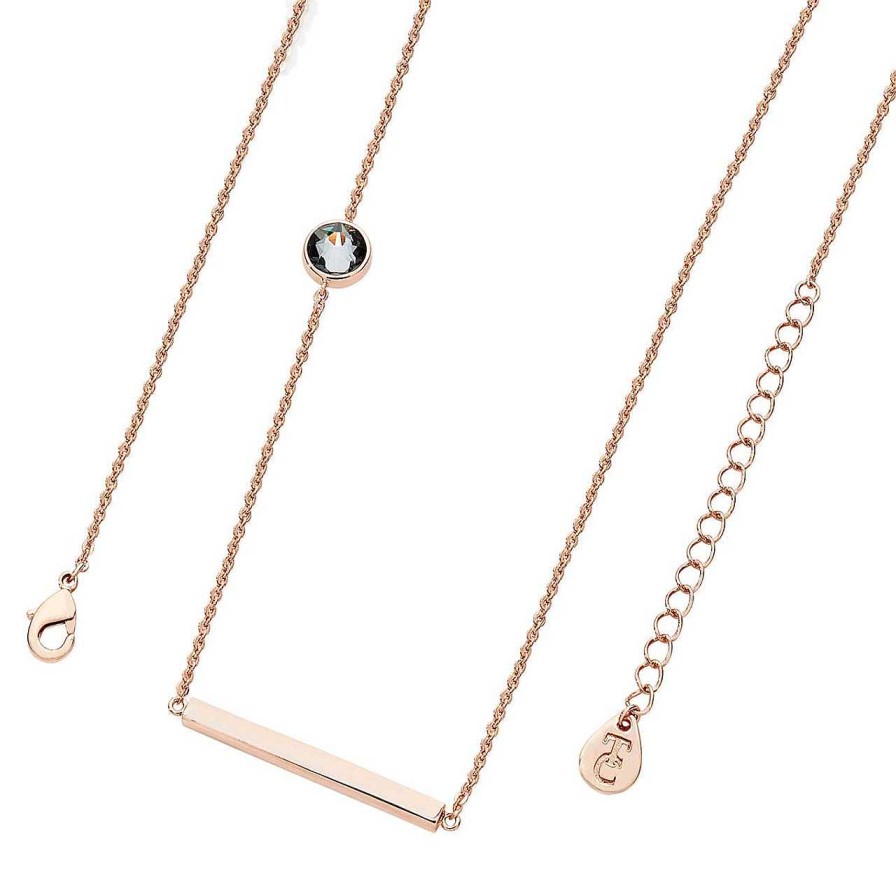 Jewellery Tipperary Crystal | Rose Gold Cable Chain Necklace With Bar & Single Charcoal Cz