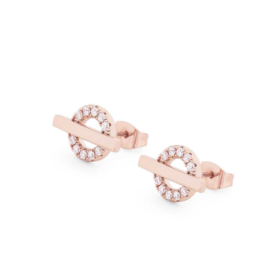 Jewellery Tipperary Crystal | T-Bar Stud Earrings Rose Gold Circle Cz - New Autumn 2023