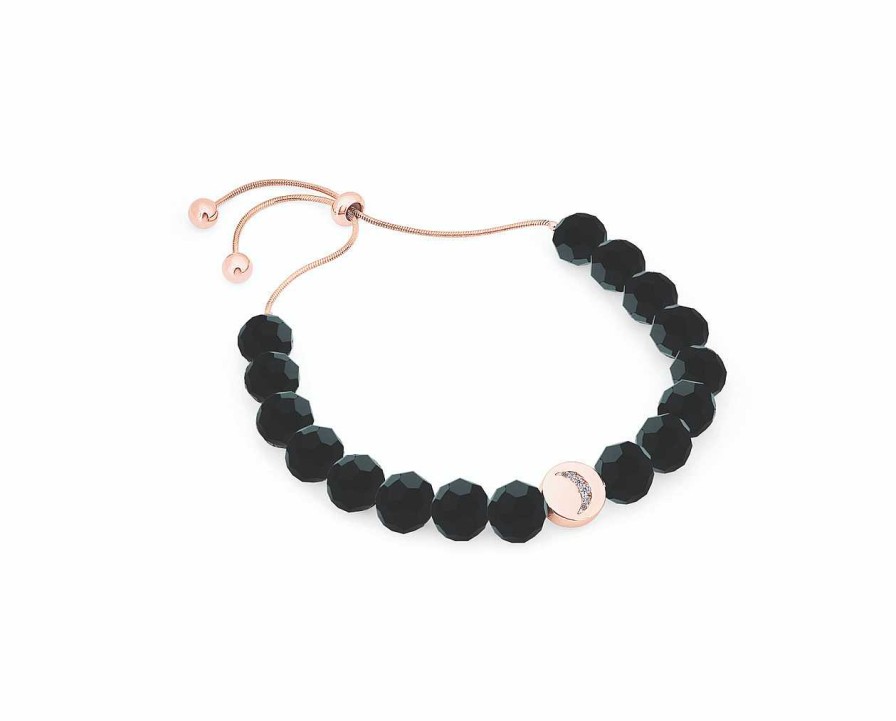 Jewellery Tipperary Crystal | Moon Black Beads Bolo Slider Bracelet - Rose Gold