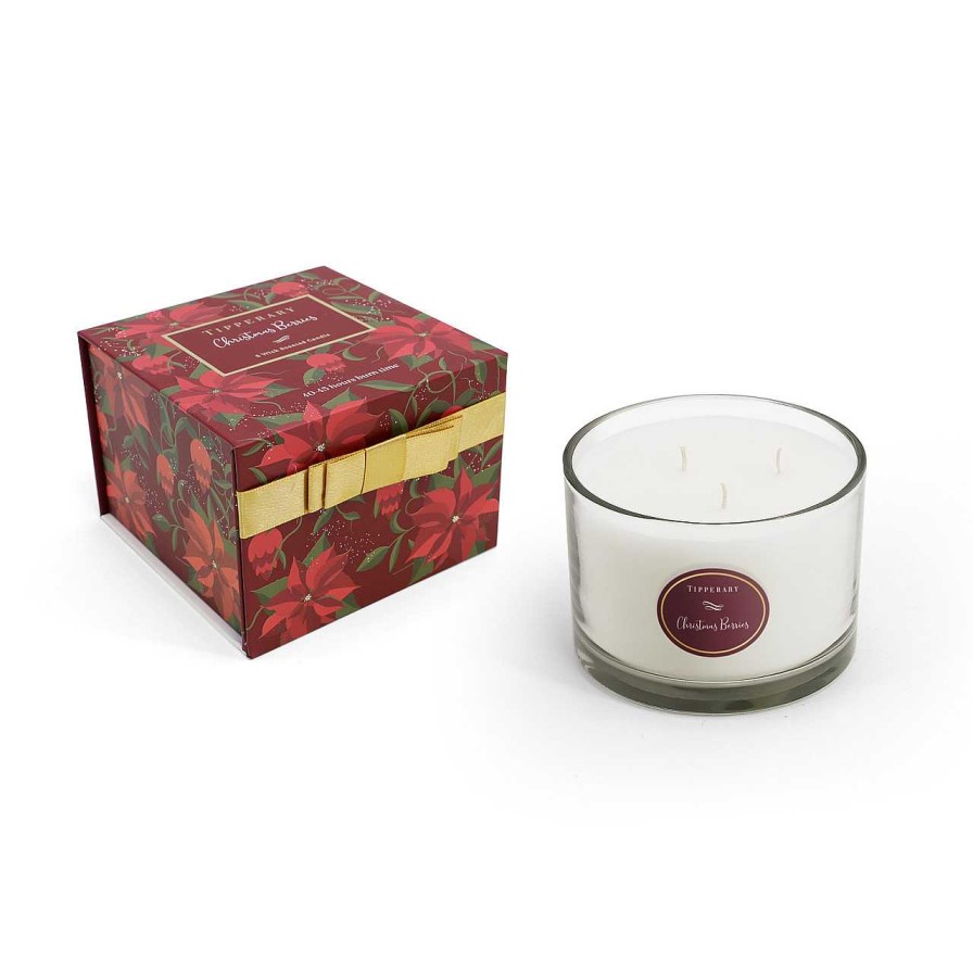 Homeware Tipperary Crystal | Poinsettia 3 Wick Candle - Christmas Berries