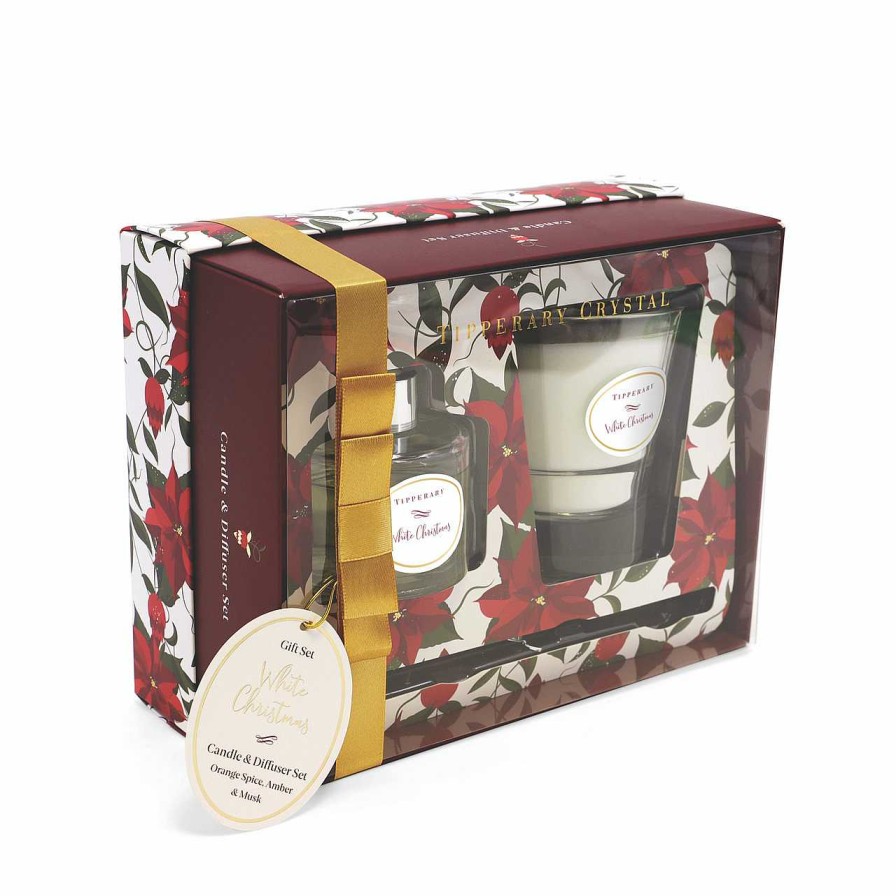 Homeware Tipperary Crystal Diffusers | Poinsettia Candle & Diffuser Set - White Christmas