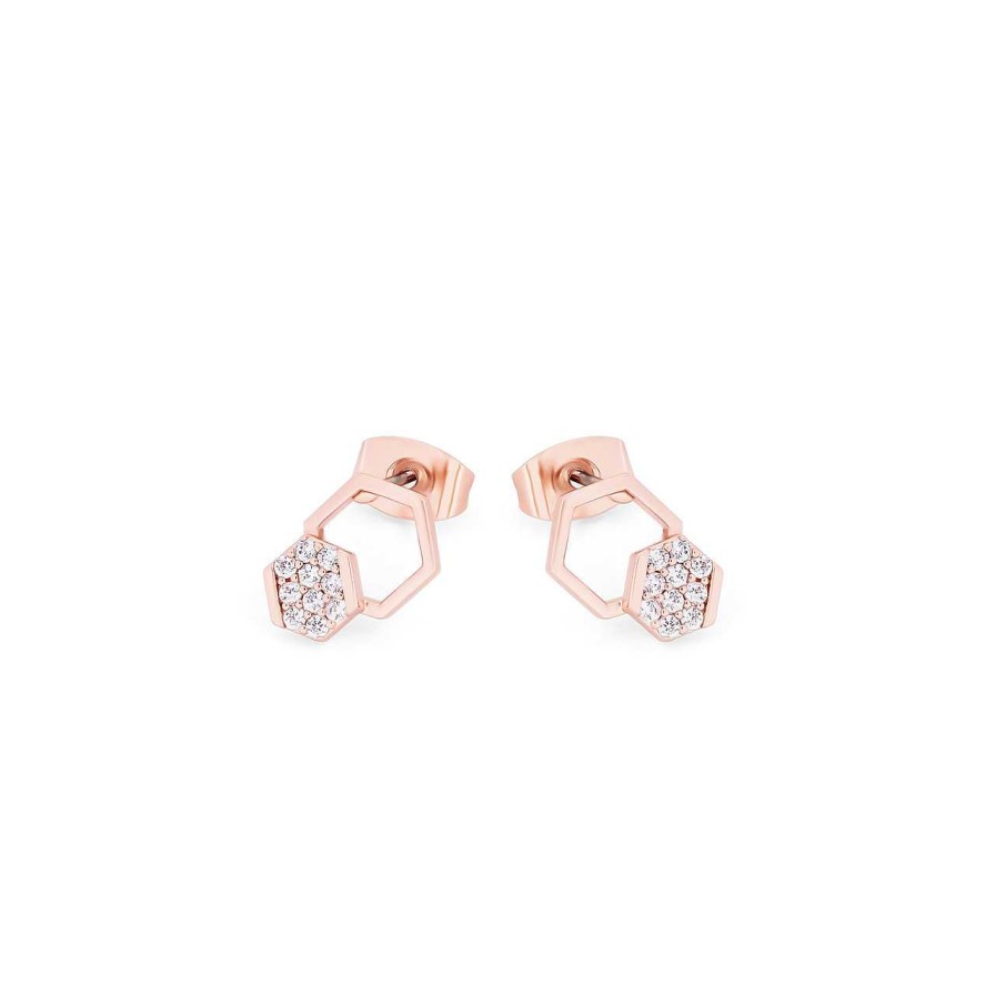 Jewellery Bees | Bee Rose Gold Hexagonal/Pave Stud Earrings