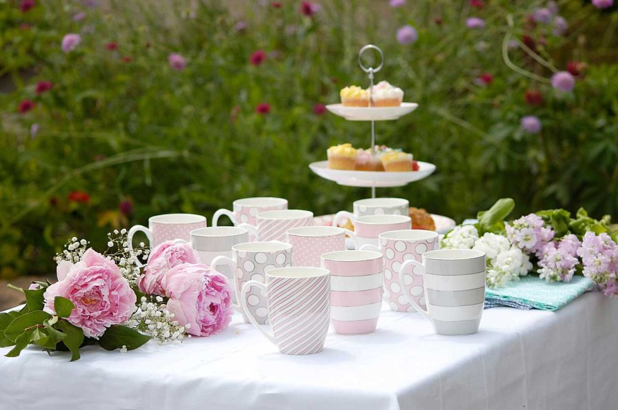 Homeware Tipperary Crystal Mugs | Set 6 Bone China Mugs - Spots & Stripes - Pink