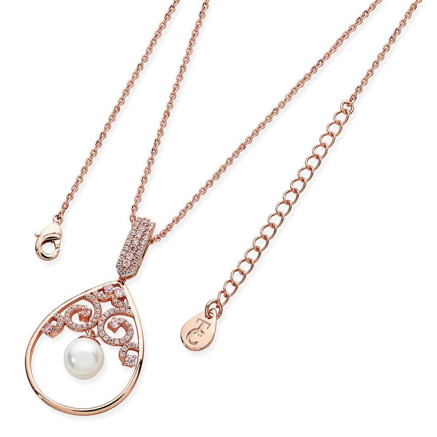 Jewellery Tipperary Crystal | Rose Gold Ornate Swirl Pink Cz Pendant