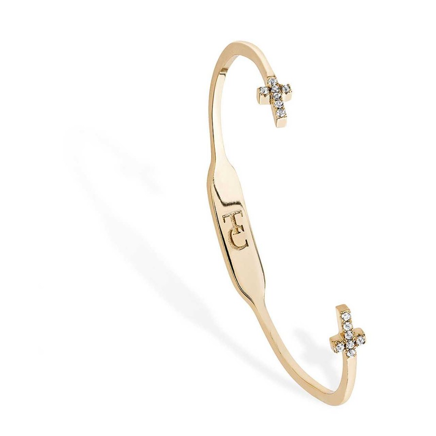 Jewellery Tipperary Crystal | Open Gold Bangle With 2 Crosses