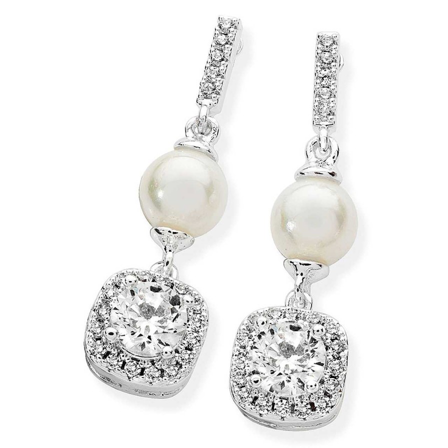 Jewellery Tipperary Crystal | Silver Pearl Bar With Cz Drop Earrings