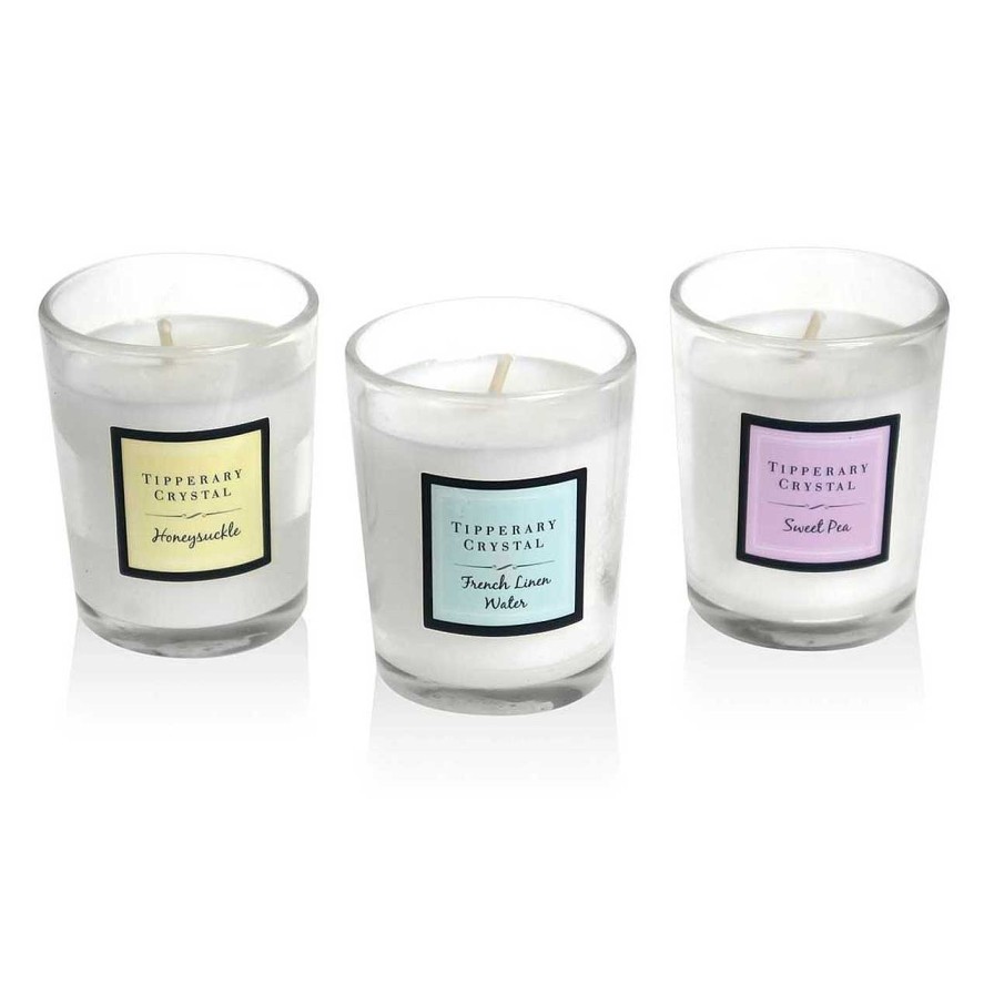 Homeware Tipperary Crystal Candles | Set Of 3 Assorted Mini Candles - Sweet Pea, Honeysuckle, French Linen