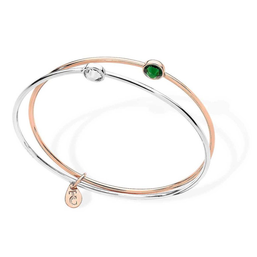 Jewellery Tipperary Crystal | Rose Gold & Silver Double Linked Bangle With Jade Cz & Clear Cz