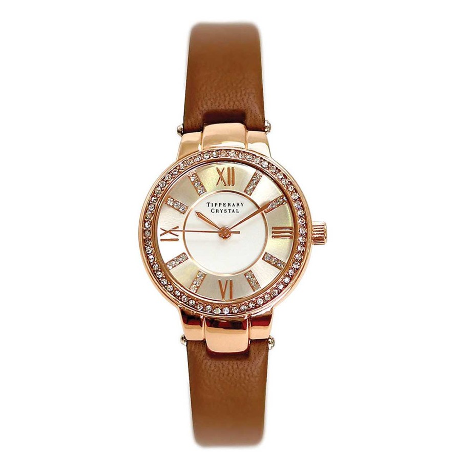 Jewellery Tipperary Crystal | Continuance Rose Gold Ladies Watch With Leather Strap