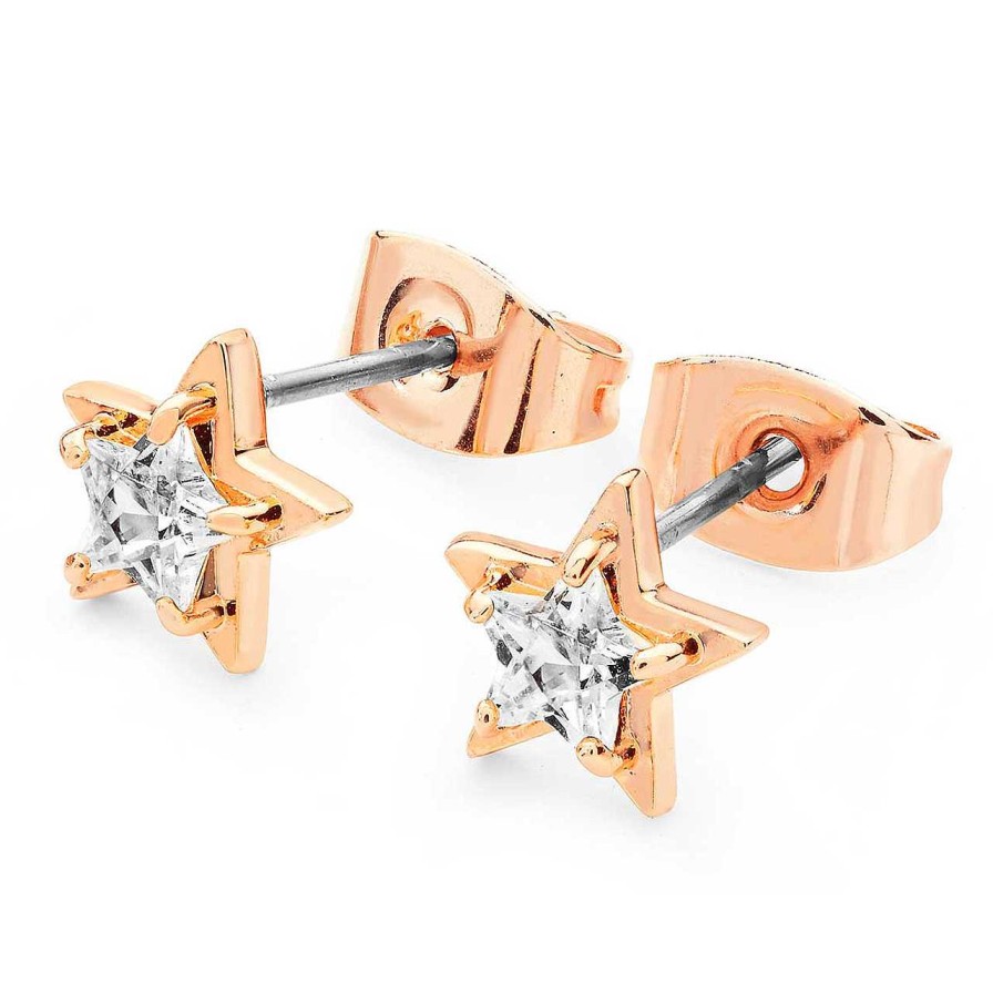 Jewellery Tipperary Crystal | Star Clear Cz Stud Rose Gold Earrings