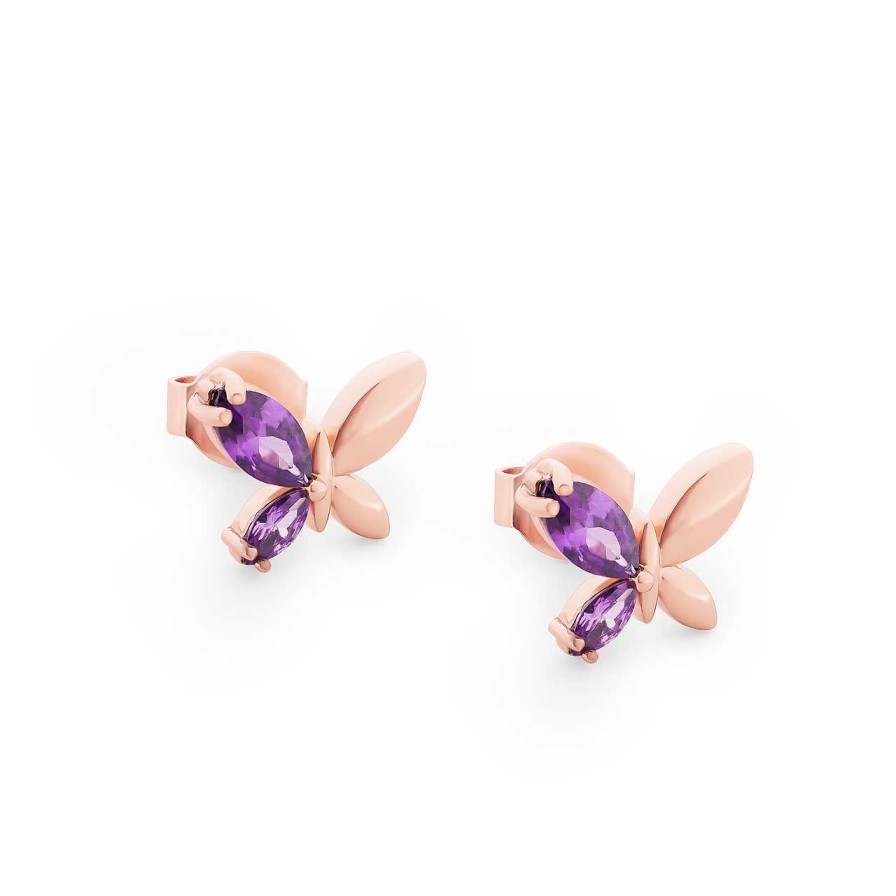 Jewellery Butterfly | Tc Butterfly Rose Gold Purple Cz Earrings - New 2023